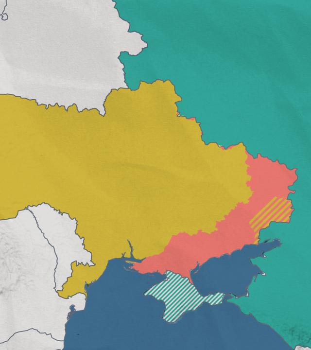 Die Karte der Ukraine zeigt, welche Gebiete im Osten des Landes von russischen Truppen besetzt sind. Zudem sind die Separatistengebiete und die annektierte Krim hervorgehoben.