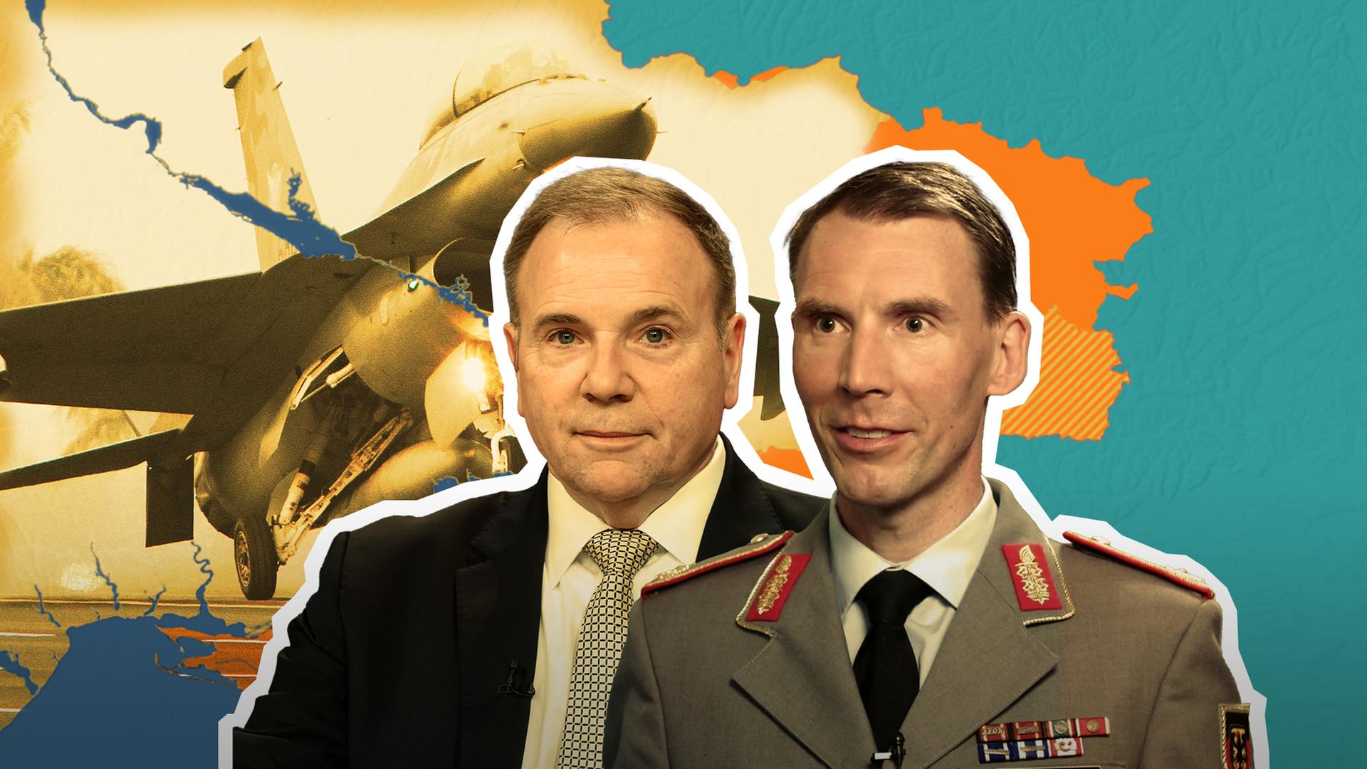 Generalmajor Christian Freuding und Ex-US-General Ben Hodges vor Kampfjet, Ukraine-Karte