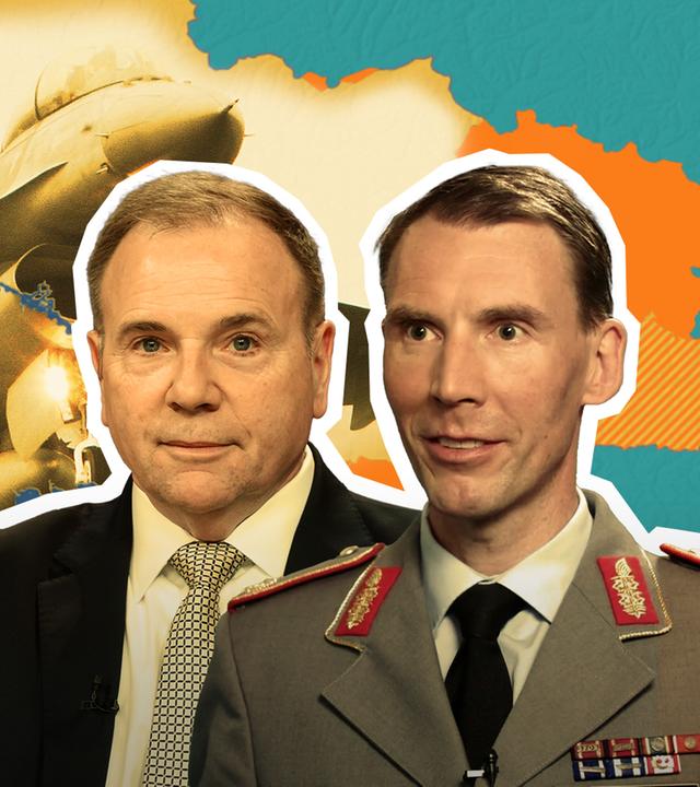 Generalmajor Christian Freuding und Ex-US-General Ben Hodges vor Kampfjet, Ukraine-Karte