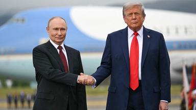 Trump und Putin geben sich die Hand und schauen in die Kamera