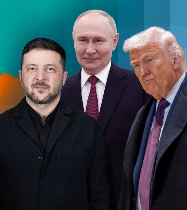 Ukraine-Karte im Hintergrund, davor Trump, Selenskyi und Putin