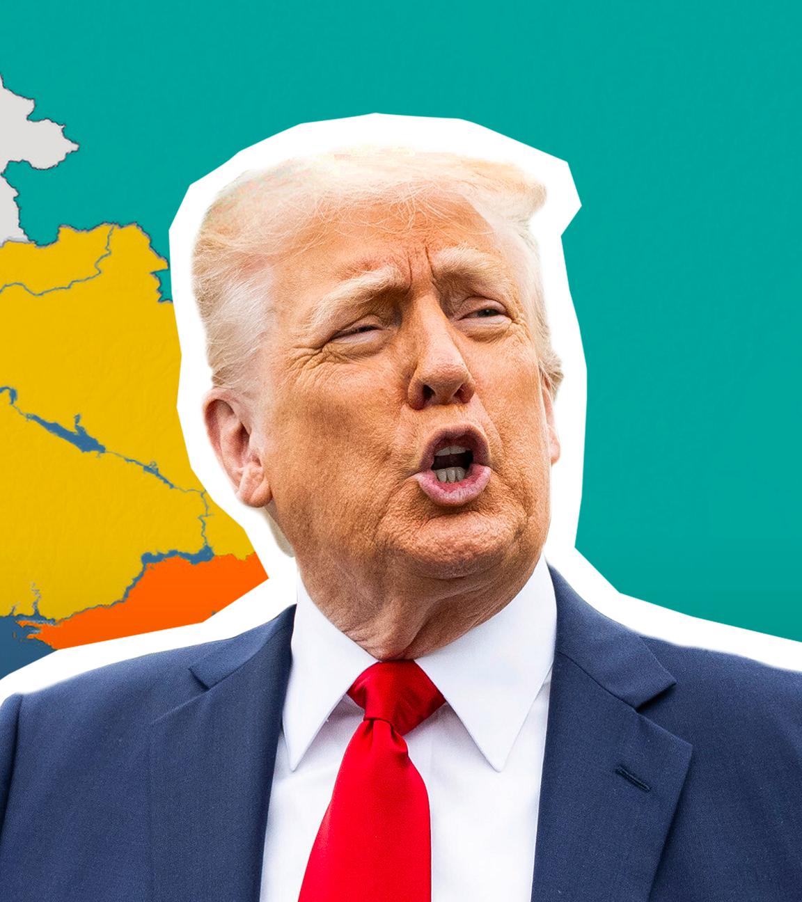 Trump steht vor einer Karte, die die Ukraine zeigt. 