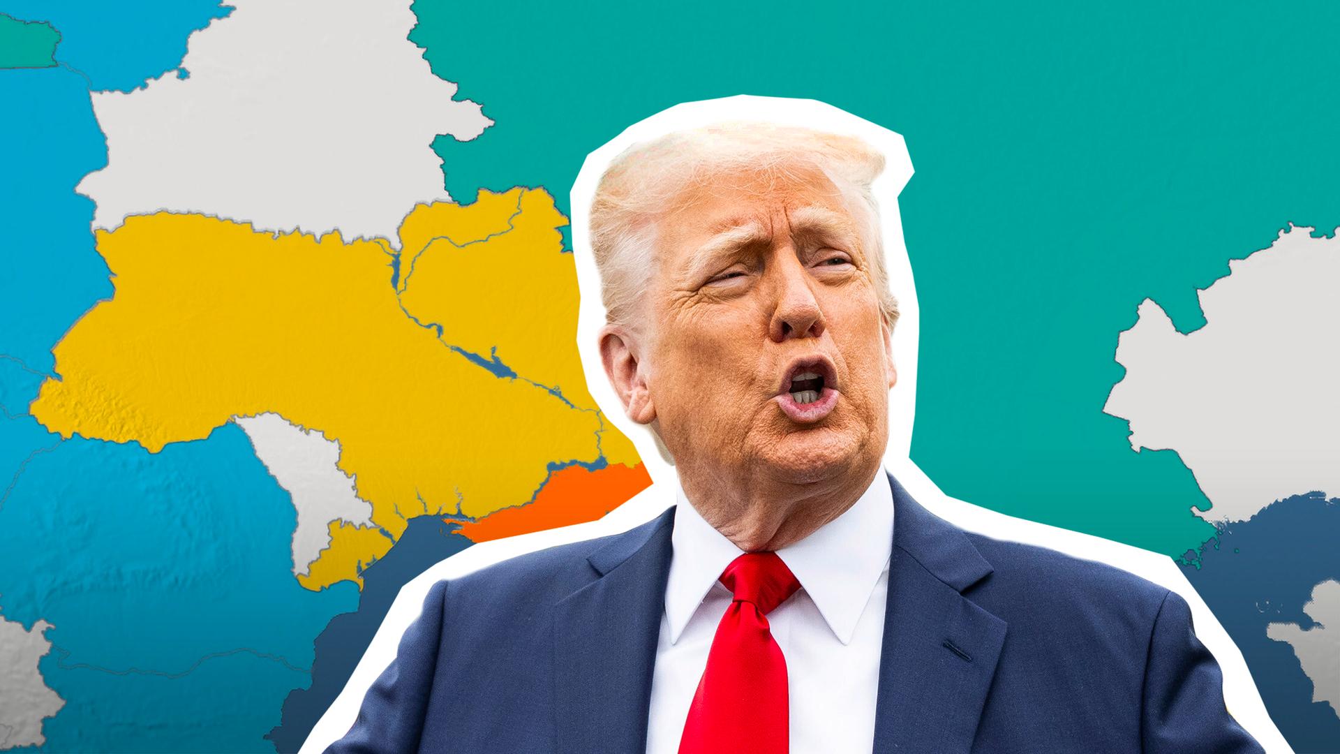 Trump steht vor einer Karte, die die Ukraine zeigt. 