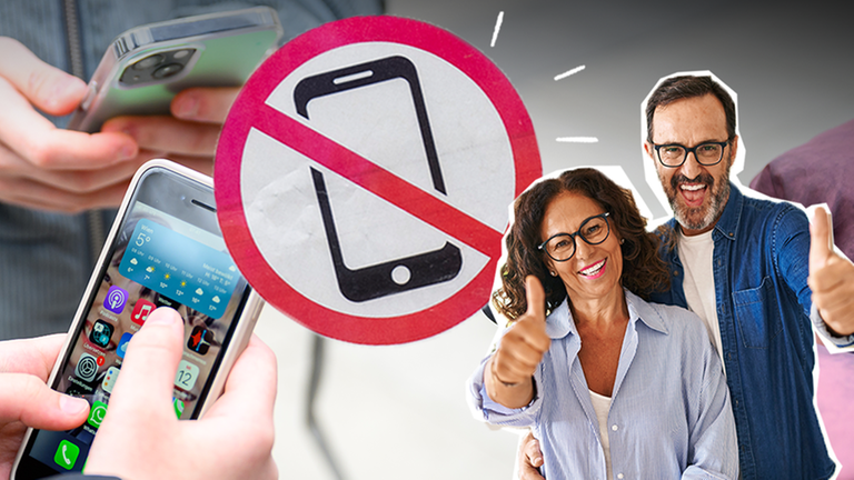 Schülerinnen mit Handy in der Hand, im Vordergrund zwei ältere Herren, die ihre Daumen nach oben zeigen. Außerdem ein Symbol für "Handyverbot". 