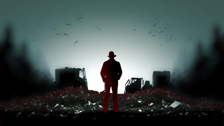 Der Umriss eines Mannes mit Hut auf einer Müllkippe bei Dunkelheit.