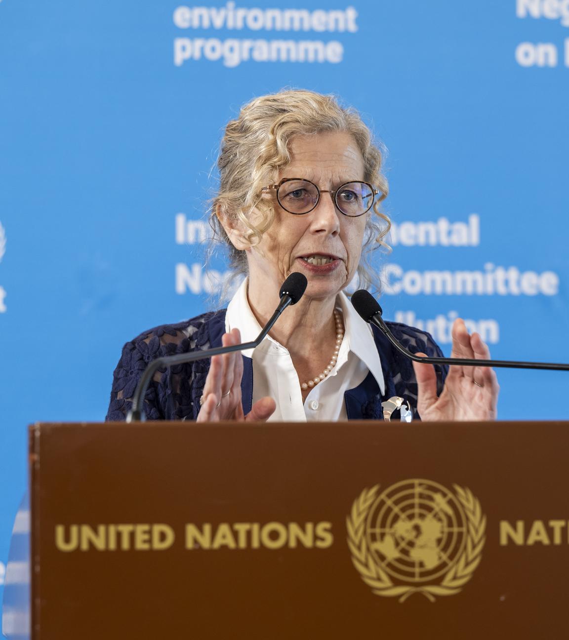 Inger Andersen vor einem Podest, vermutlich eine Rede haltend