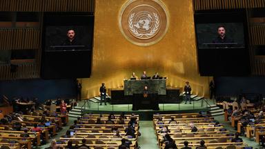 NEW YORK, NEW YORK - SEPTEMBER 23: President of Ukraine Volodymyr Zelensky speaks during the 81st session of the United Nations (U.N.) General Assembly at U.N. Headquarters on September 23, 2026 in New York City. World leaders have gathered in New York for the annual session of the United Nations General Assembly, with this year's global issues ranging from the threat of artificial intelligence to the continued wars in Ukraine and Gaza. Spencer Platt/Getty Images/AFP (Photo by SPENCER PLATT / GETTY IMAGES NORTH AMERICA / AFP)