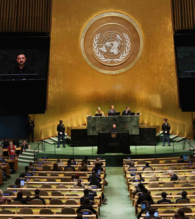 NEW YORK, NEW YORK - SEPTEMBER 23: President of Ukraine Volodymyr Zelensky speaks during the 81st session of the United Nations (U.N.) General Assembly at U.N. Headquarters on September 23, 2026 in New York City. World leaders have gathered in New York for the annual session of the United Nations General Assembly, with this year's global issues ranging from the threat of artificial intelligence to the continued wars in Ukraine and Gaza. Spencer Platt/Getty Images/AFP (Photo by SPENCER PLATT / GETTY IMAGES NORTH AMERICA / AFP)