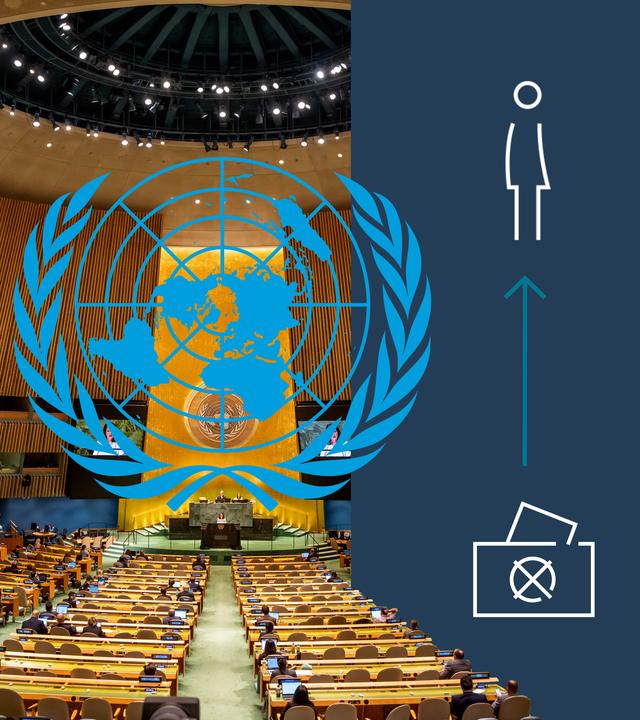 Saal der Vereinten Nationen in New York und Pictogramm zur Wahl