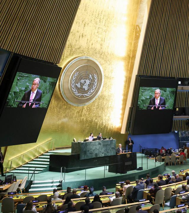 UN-Generalsekretär António Guterres spricht am 22.09.2025 bei einem Spitzentreffen zum 30. Jahrestag der Vierten Weltfrauenkonferenz im UN-Hauptquartier in New York.