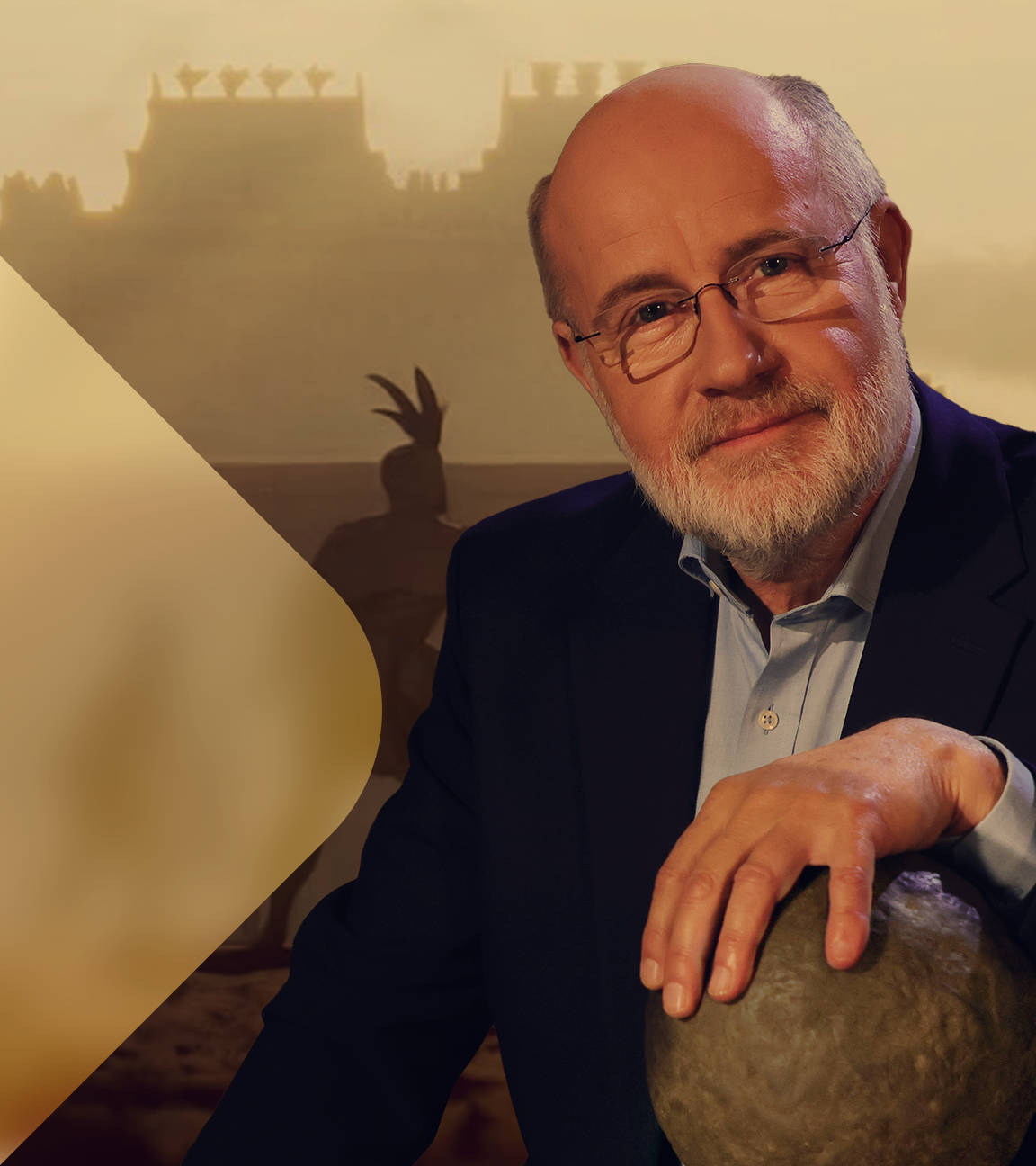 Harald Lesch mit Kugel vor Kulisse (Montage)