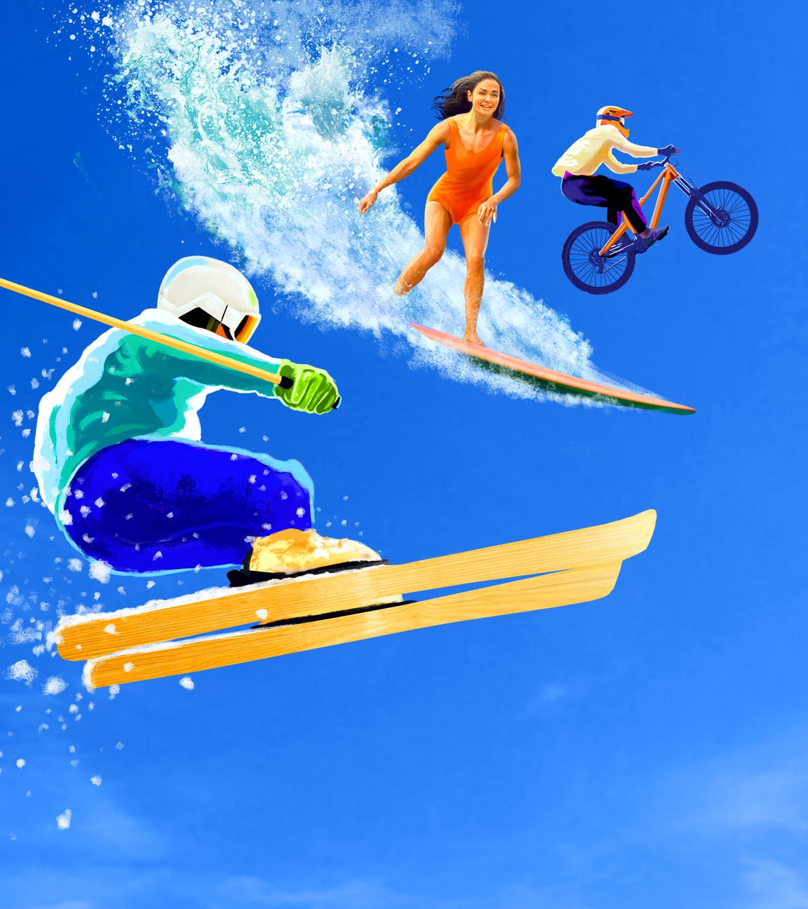 Ein Skifahrer, eine Surferin und ein Mountainbiker auf einem blauen Hintergrund