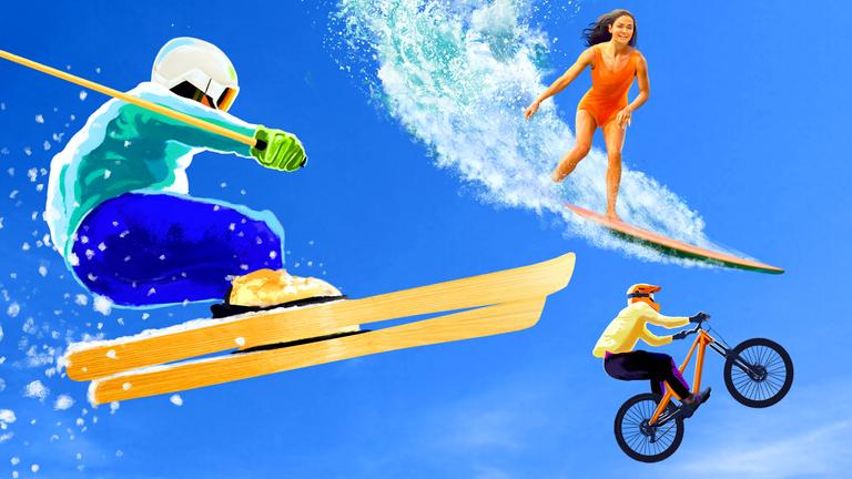 Ein Skifahrer, eine Surferin und ein Mountainbiker auf einem blauen Hintergrund
