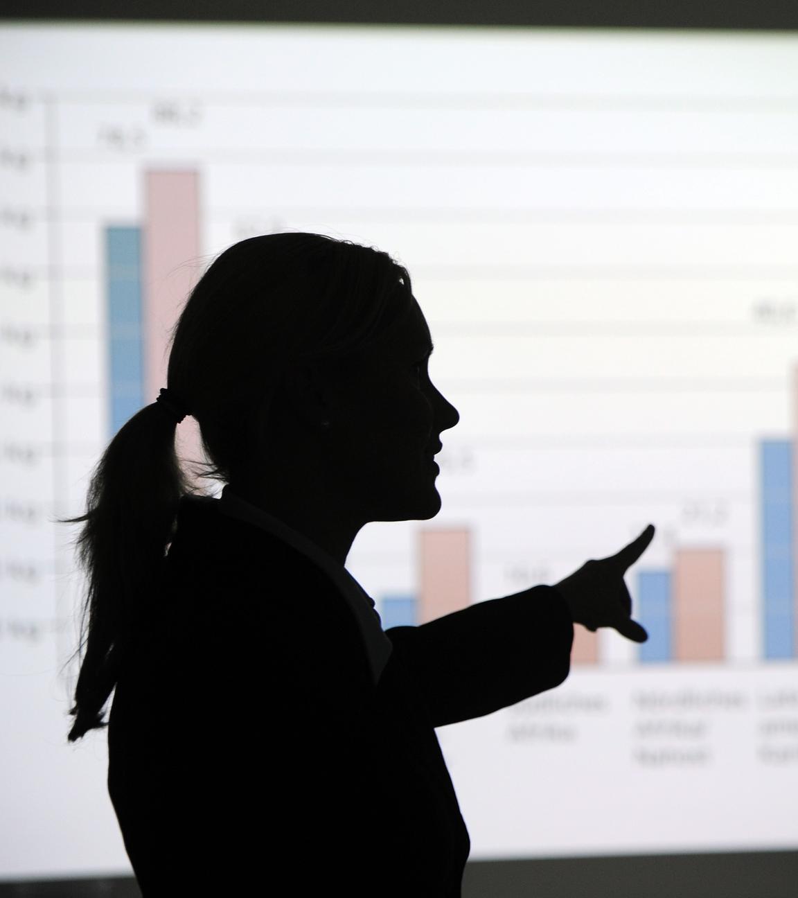 Eine frau steht in einem Büro und erklärt eine an die Wand projizierte Grafik.