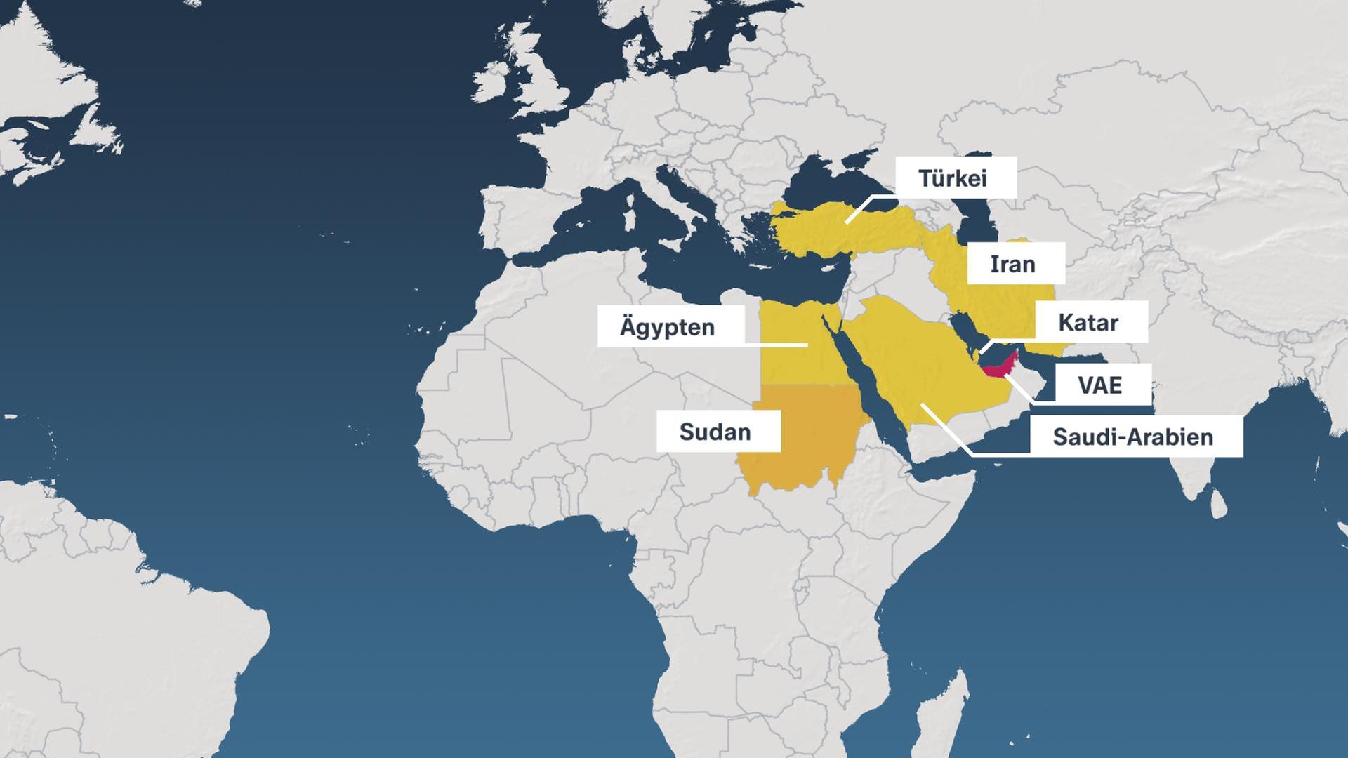 Eine Landkarte mit den Unterstützern des Konfliktes im Sudan