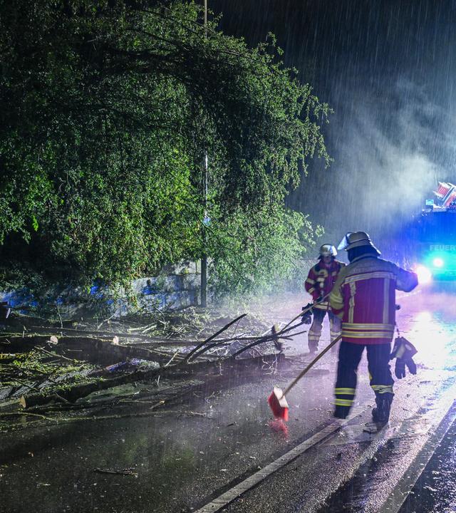 Die Feuerwehr befreit eine Straße von einem umgestürtzten Baum im Ostalbkreis.