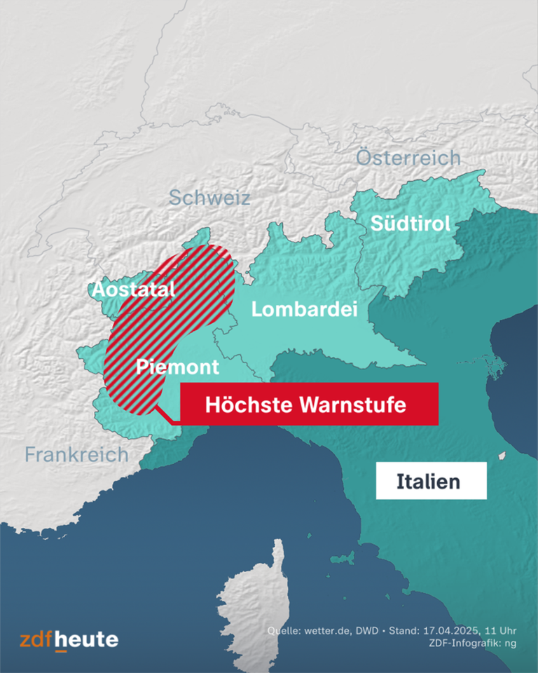 Eine Grafik mit einer Karte von Italien zeigt die höchste Warnstufe vor Starkregen im Norden von Italien, insbesondere in den Region Aostatal und Piemont.