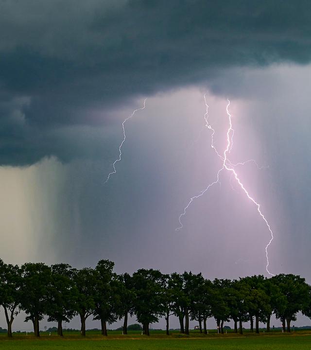 Symbolbild: Ein Blitz leuchtet über einer Landschaft mit Bäumen