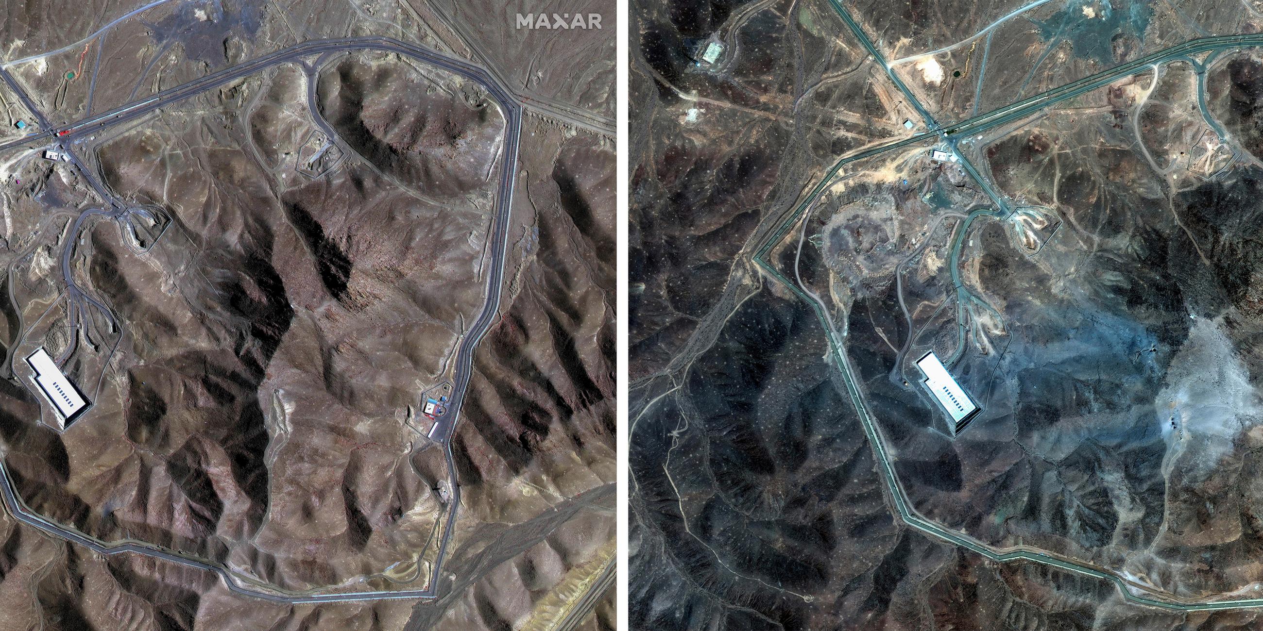 22.06.2025, Iran, Fordo: Die Vergleichsbilder der von Maxar Technologies zur Verfügung gestellten Satellitenbilder zeigt die Anreicherungsanlage Fordo im Iran vor den US-Angriffen am 20. Juni 2025 (l) und nach den Angriffen am 22. Juni 2025 (r).