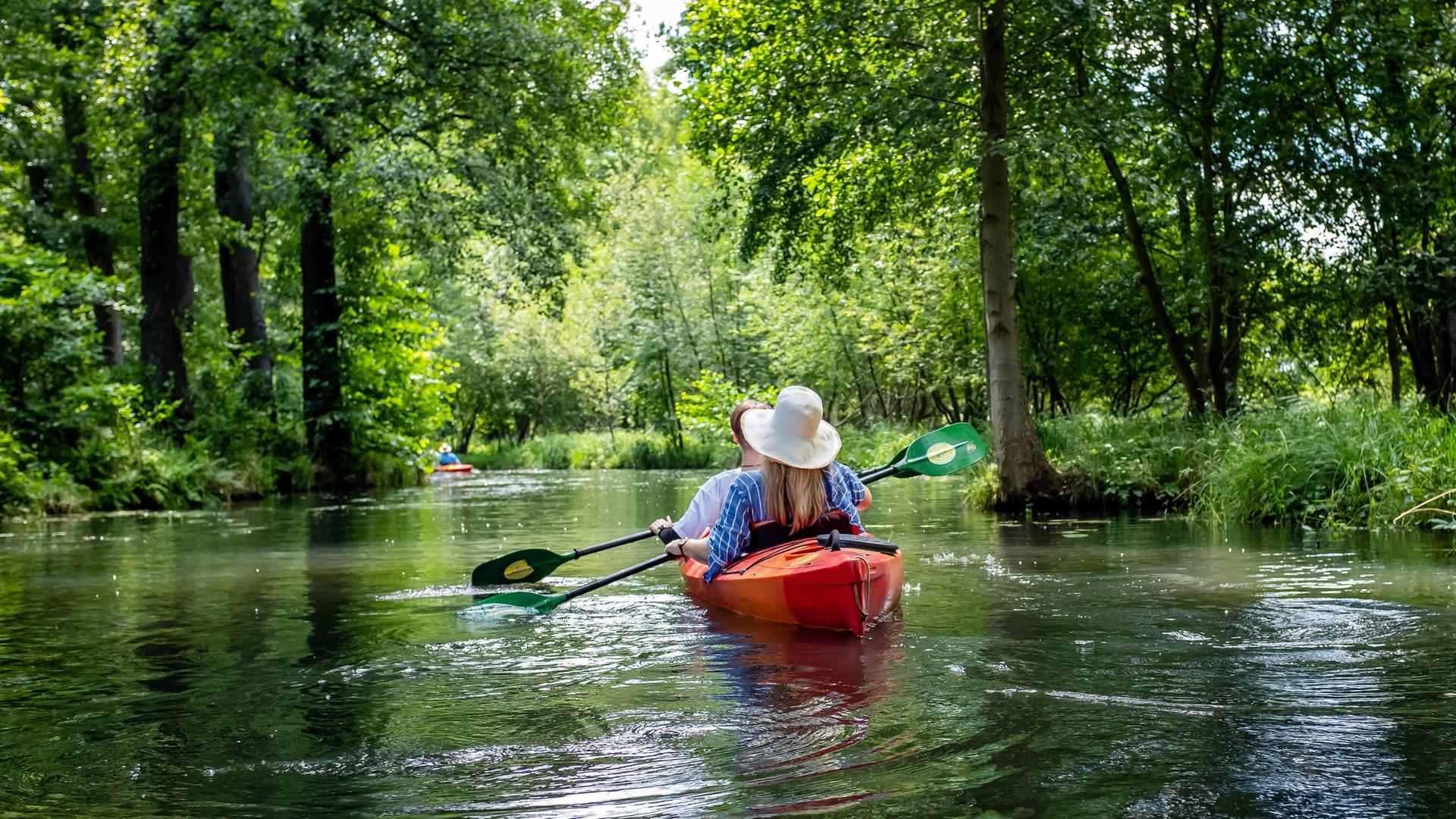 Paddler fahren mit ihren Booten über einen Seitenarm der Spree.