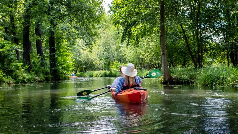 Paddler fahren mit ihren Booten über einen Seitenarm der Spree.