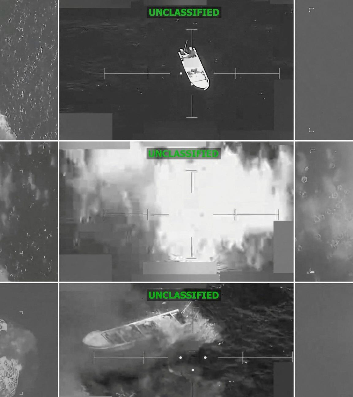 US-Angriffe auf mutmaßliche Drogenschmuggler-Boote (Mehrere Screenshots aus einem Video), aufgenommen am 15.12.2025