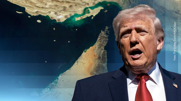 US-Präsident Trump mit offenem Mund. Im Hintergrund ist eine Satellitenaufnahme von der Straße von Hormus