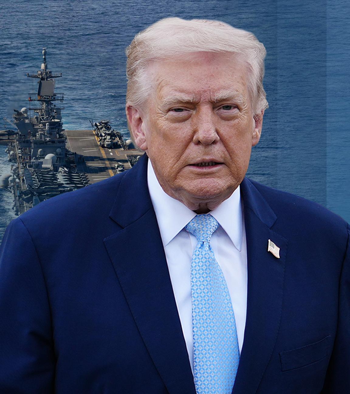 US-Präsident Donald Trump. Im Hintergrund sind die Angriffsschiffe USS Tripoli im Meer