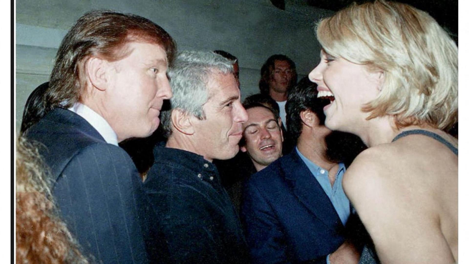Archiv: Dieses undatierte Foto aus der persönlichen Sammlung von Jeffrey Epstein, das am 12. 12. 2025 von den Demokraten im Aufsichtsausschuss des Repräsentantenhauses zur Verfügung gestellt wurde, zeigt US-Präsident Donald Trump (l), flankiert von Epstein (m), im Gespräch mit einer unbekannten Frau. 