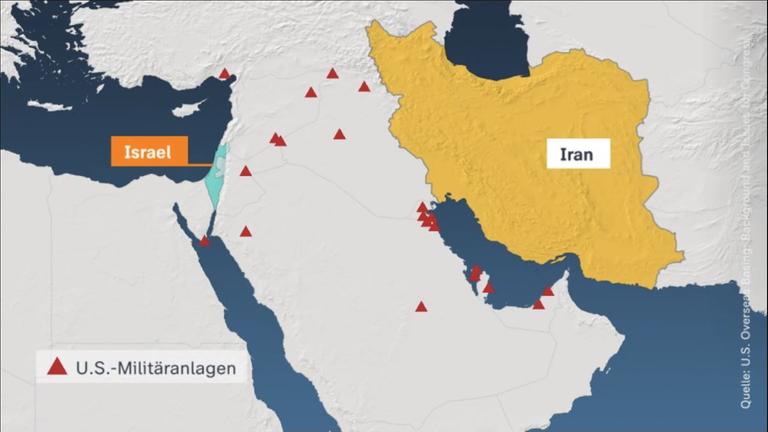 Auf einer Karte sind mit roten Dreiecken US-Militäranlagen im Nahen Osten markiert.