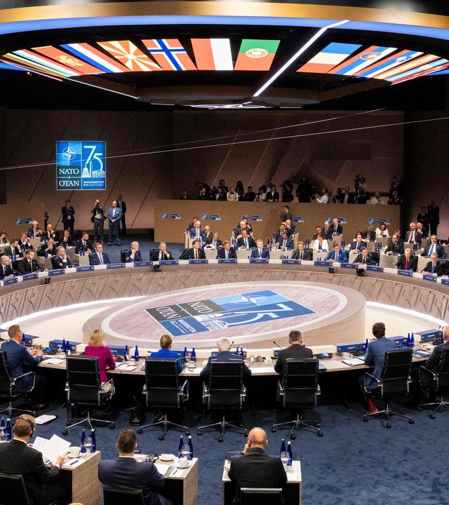 US President Joe Biden speaks during the meeting of the North Atlantic Council at the level of Heads of State and Government during the NATO 75th anniversary summit at the Walter E. Washington