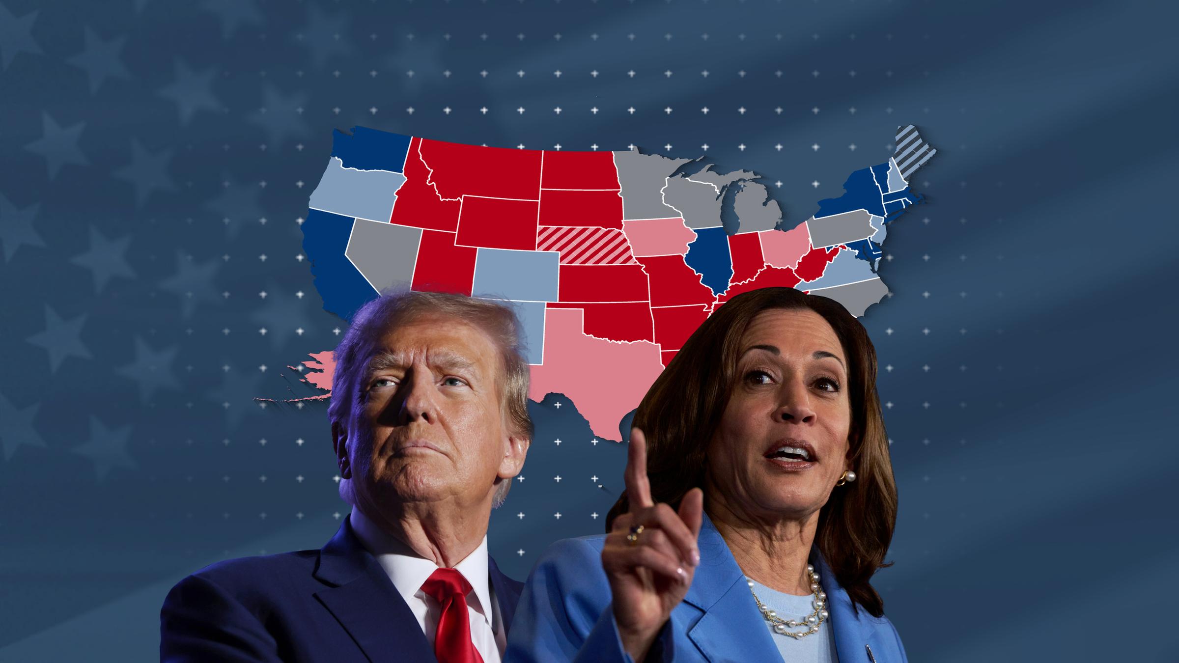 Donald Trump und Kamala Harris, dahinter ein Liniendiagramm mit ihren Umfragewerten