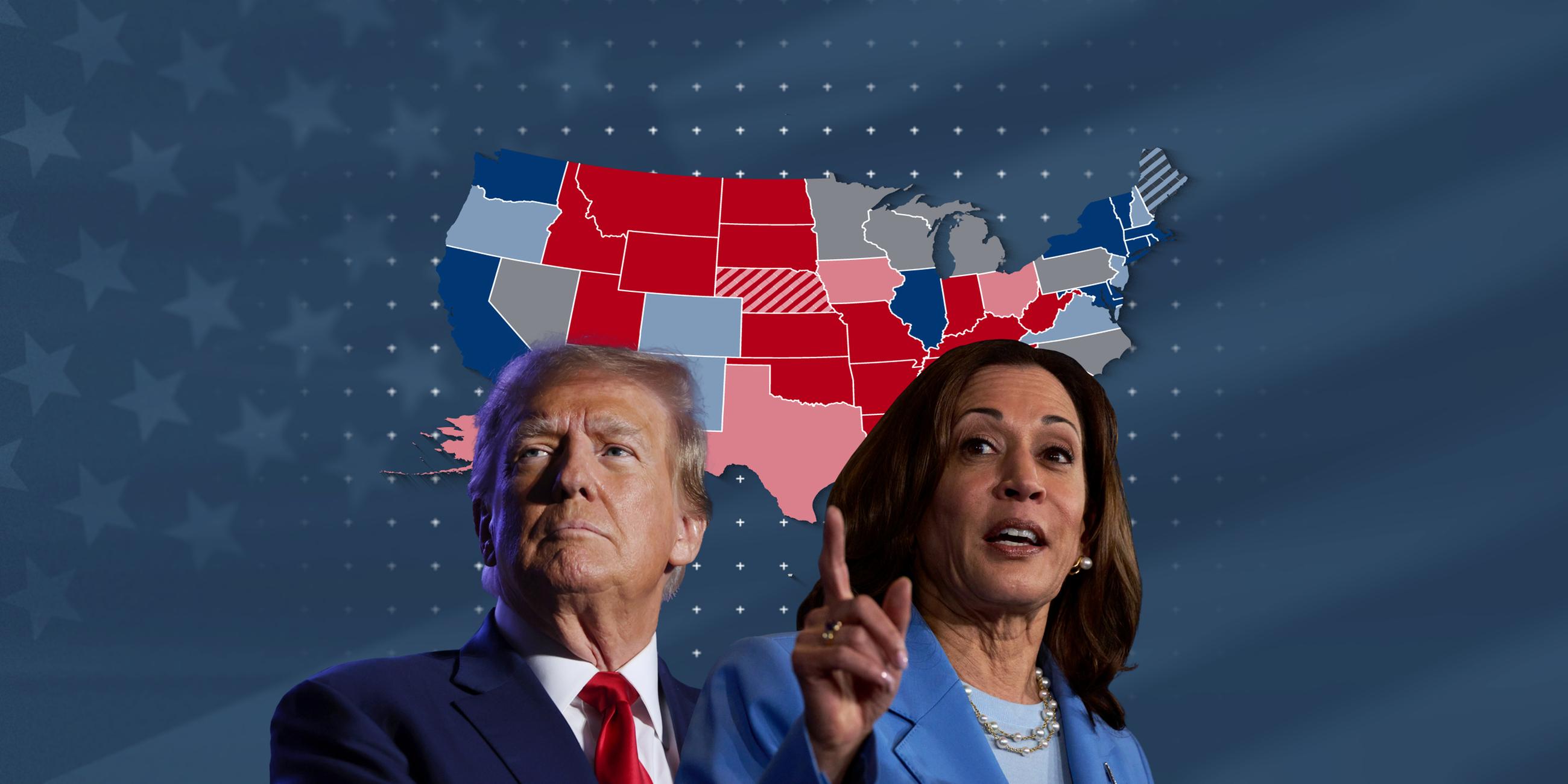 Donald Trump und Kamala Harris, dahinter ein Liniendiagramm mit ihren Umfragewerten