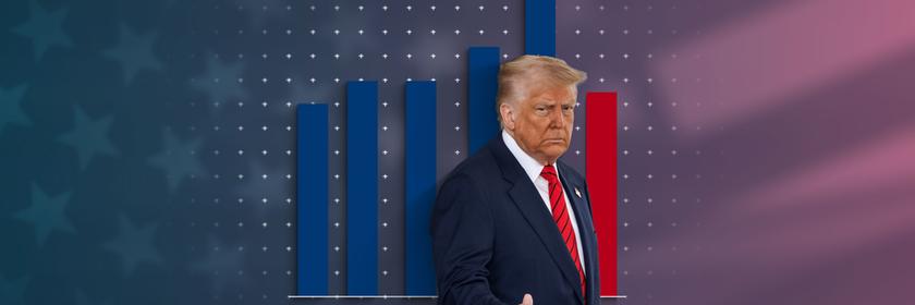 Donald Trump vor einer Grafik zum prognostizierten BIP, dahinter die US-Flagge