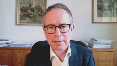 Völkerrechtler Markus Krajewski per Video zugeschaltet aus seinem Büro.