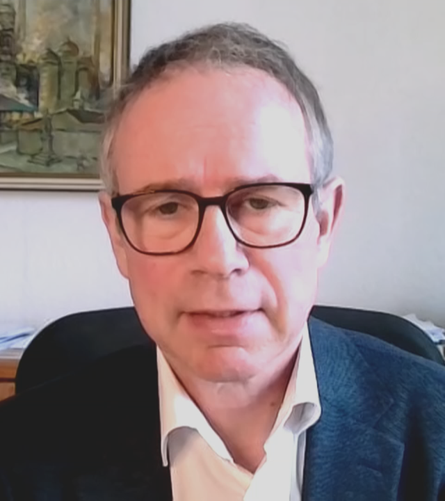 Völkerrechtler Markus Krajewski per Video zugeschaltet aus seinem Büro.