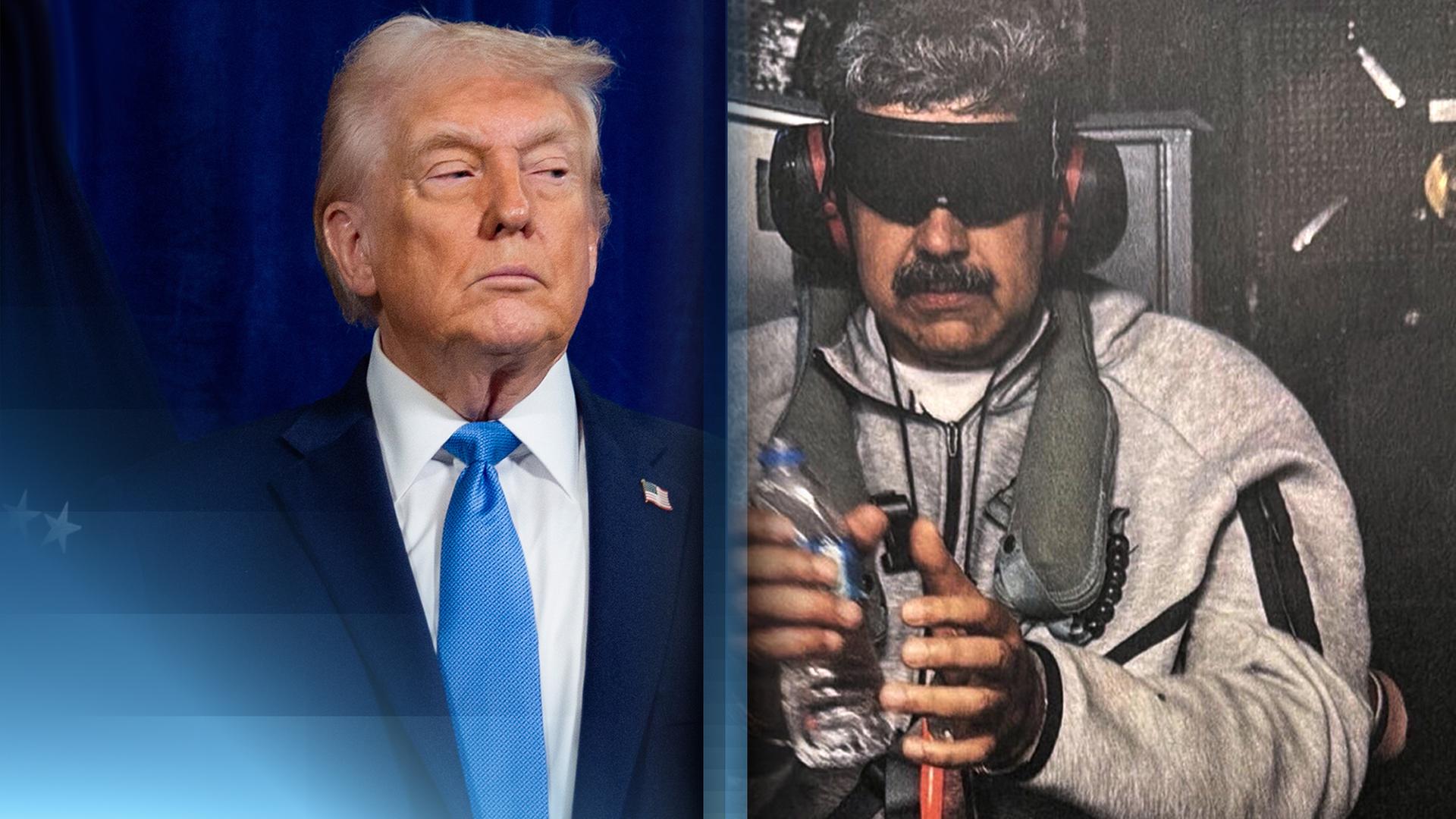 Zwei Bilder nebeneinander: links ist Trump zu sehen, vor einem blauen Hintergrund nach einer Pressekonferenz. Rechts ist ein Bild von gefangenem Präsidenten Maduro an Bord eines Helikopters mit verbundenen Augen und gefesselten Händen. In einer Hand hält er eine Wasserflasche.