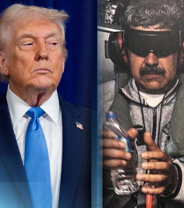 Zwei Bilder nebeneinander: links ist Trump zu sehen, vor einem blauen Hintergrund nach einer Pressekonferenz. Rechts ist ein Bild von gefangenem Präsidenten Maduro an Bord eines Helikopters mit verbundenen Augen und gefesselten Händen. In einer Hand hält er eine Wasserflasche.