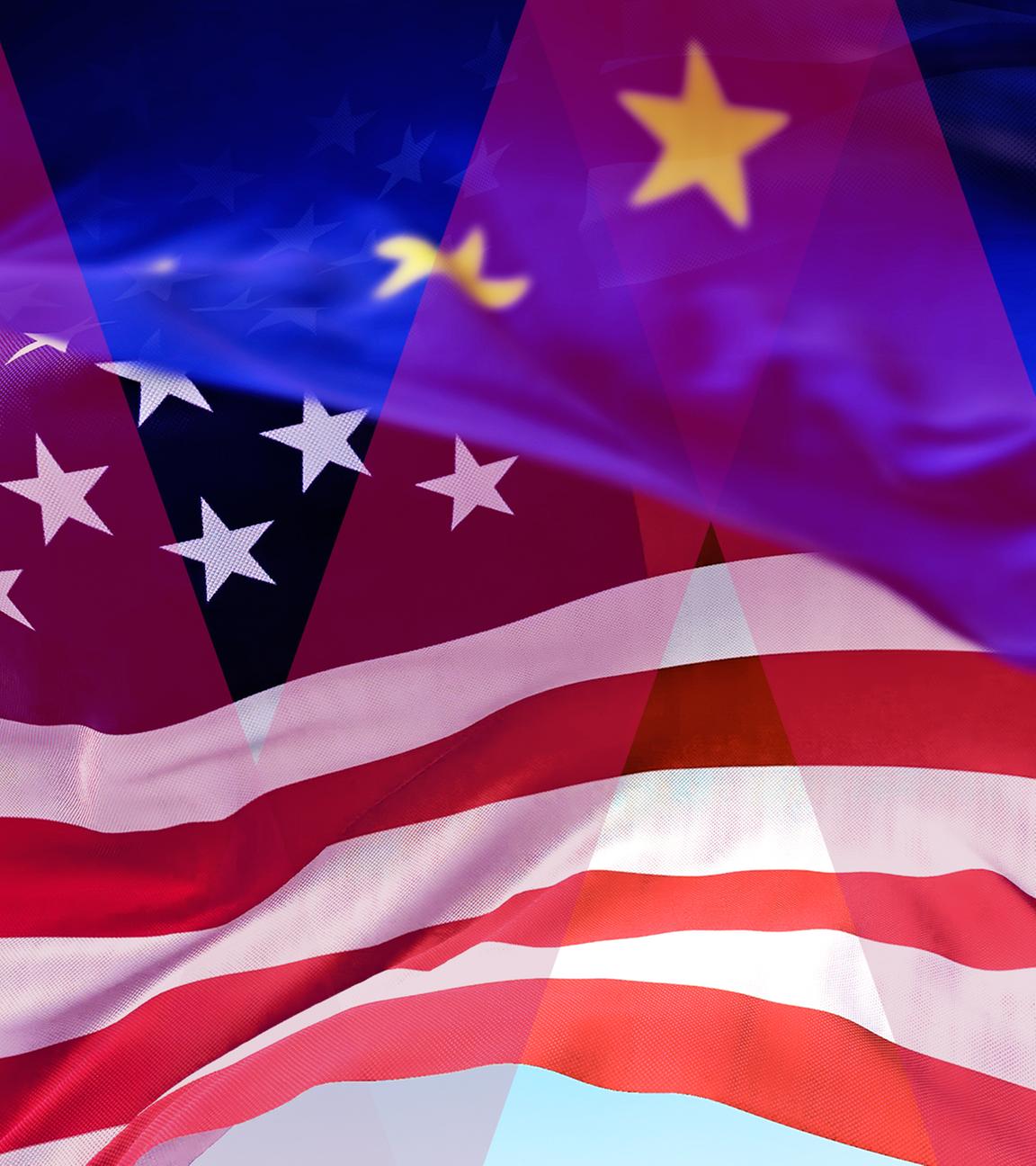 Handelsstreit und Zölle: USA-Flagge mit Europa-Flagge