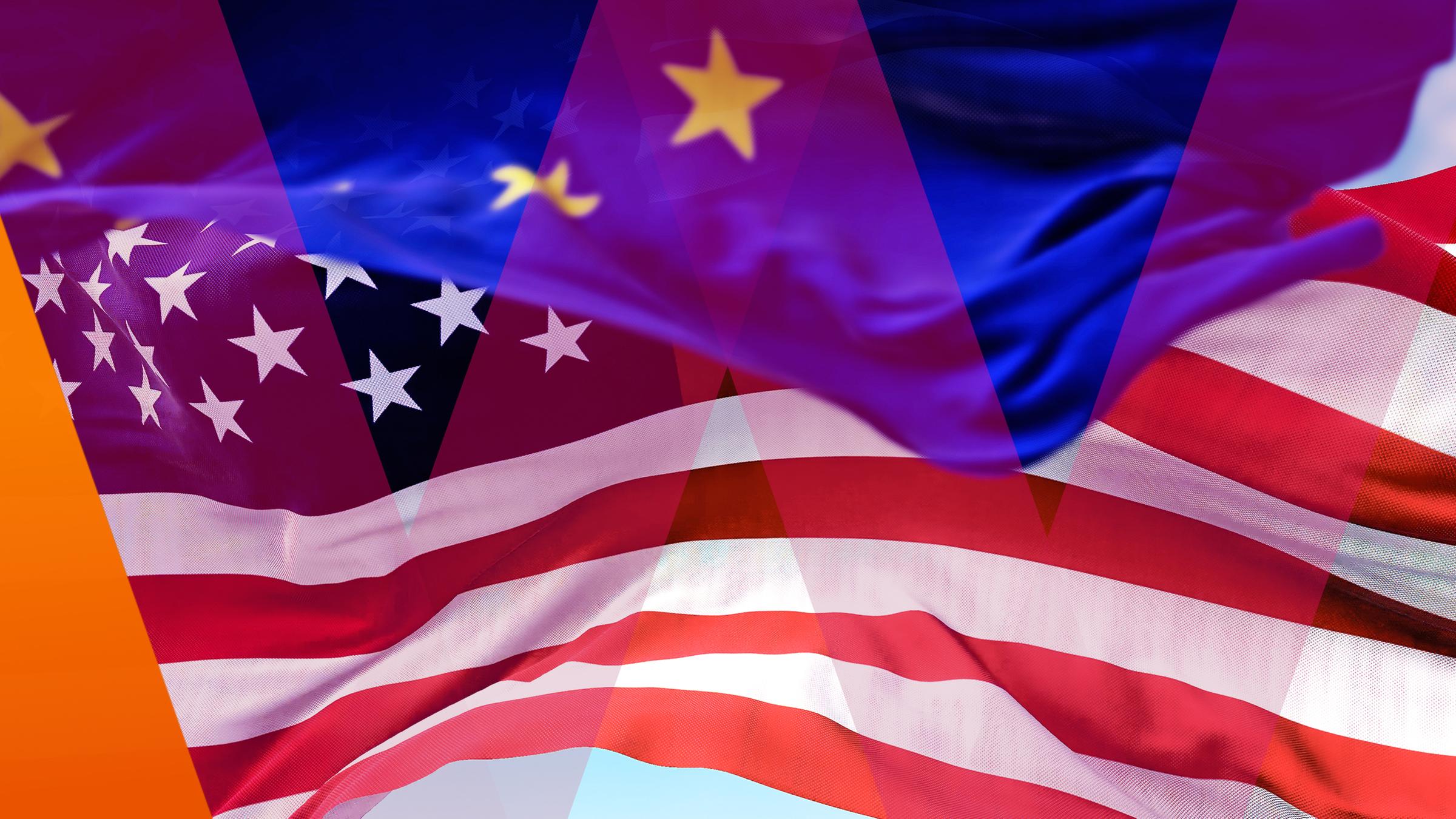 Handelsstreit und Zölle: USA-Flagge mit Europa-Flagge