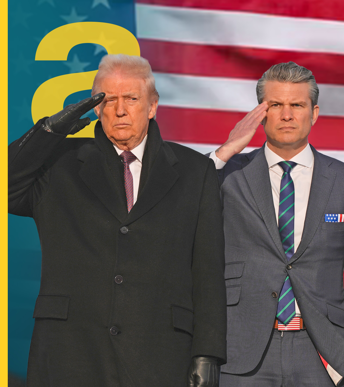 US-Präsident Donald Trump und US-Kriegsminister Pete Hegseth salutieren vor der US-Flagge