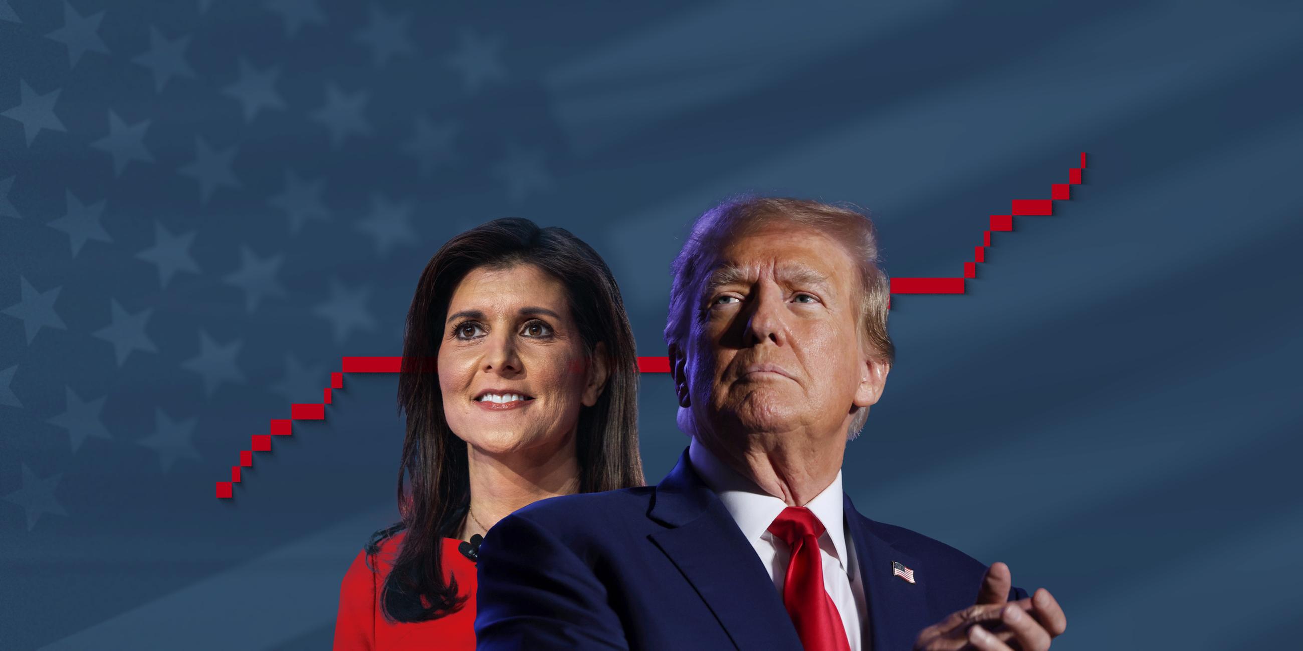 Die Republikaner-Kandidaten Nikki Haley und Donald Trump, gemeinsam vor einer Grafik, die zeigt, wie viele Delegierte bei den US-Vorwahlen wann gewählt werden