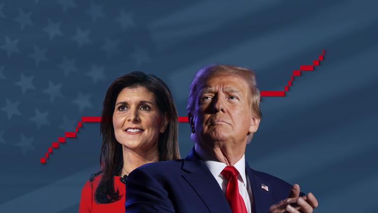 Die Republikaner-Kandidaten Nikki Haley und Donald Trump, gemeinsam vor einer Grafik, die zeigt, wie viele Delegierte bei den US-Vorwahlen wann gewählt werden