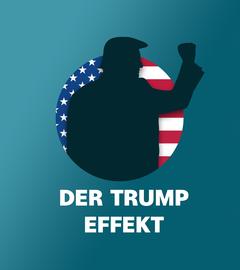 Die Silhouette Donald Trumps vor einer US-Flagge, darunter der Schriftzug "Der Trump-Effekt"