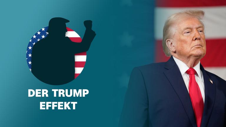 Die Silhouette Donald Trumps vor einer US-Flagge, darunter der Schriftzug "Der Trump-Effekt"