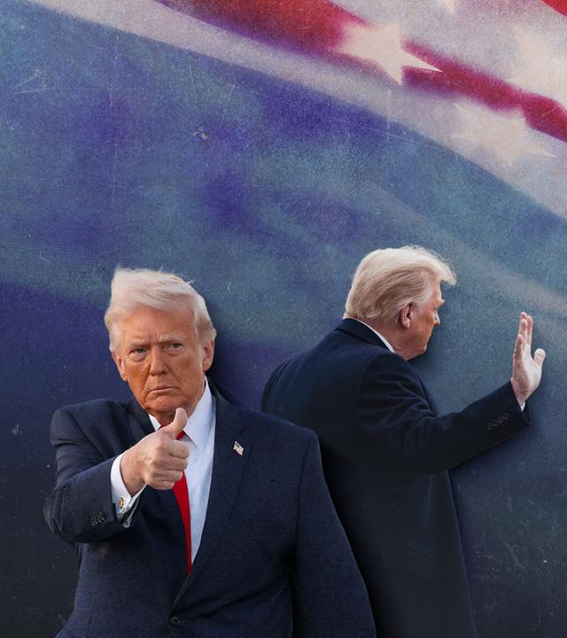 Das Bild zeigt zwei Fotos von Donald Trump, auf einem zeigt er mit dem Daumen nach oben, bei dem anderen hebt er seine rechte Hand hoch.