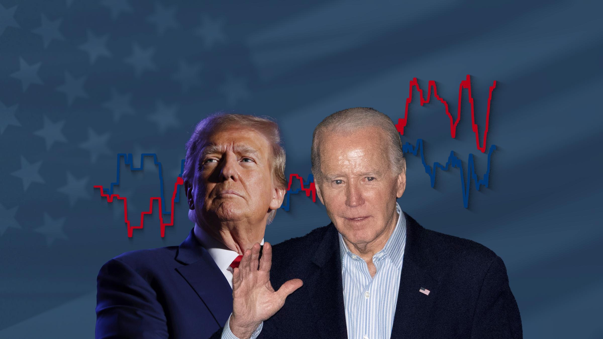 Donald Trump und Joe Biden, dahinter ein Liniendiagramm mit ihren Umfragewerten