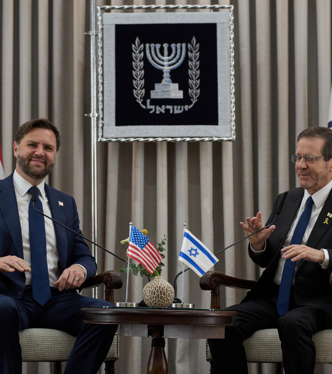 U.S. Vice President JD Vance (L) and Israeli President Isaac Herzog during a meeting at the presidential residence in Jerusalem