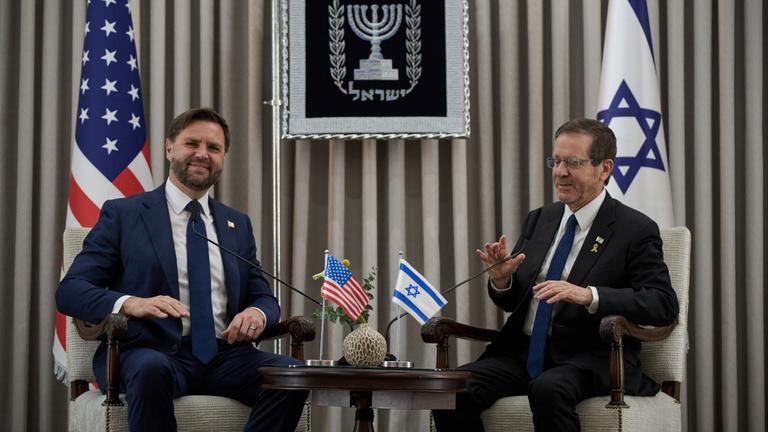 U.S. Vice President JD Vance (L) and Israeli President Isaac Herzog during a meeting at the presidential residence in Jerusalem
