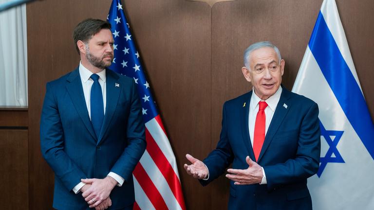  US-Vizepräsident JD Vance (l) und Israels Ministerpräsident Benjamin Netanjahu treffen sich im Büro des Ministerpräsidenten. 